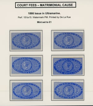 Lot 99 - GB.Matrimonial Cause. 1866 set ofLot  six in ultramarine Booth 13-18 mint 